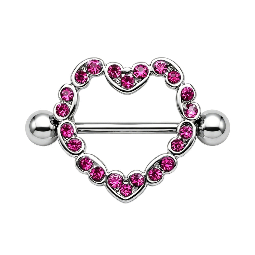 Single 14G pink rhinestone heart nipple shield with a polished F136 titanium straight barbell on a pure white background.