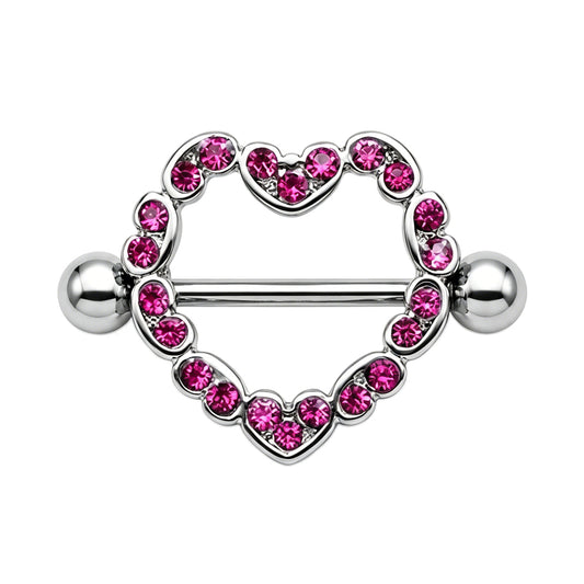 Single 14G pink rhinestone heart nipple shield with a polished F136 titanium straight barbell on a pure white background.