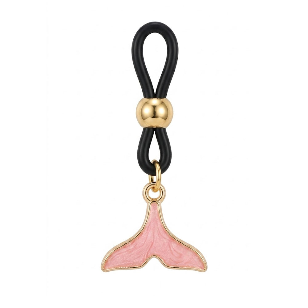 A single pink enamel mermaid tail non-piercing nipple ring with an adjustable black loop and gold bead.
