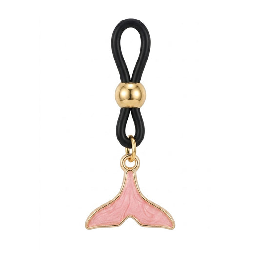 A single pink enamel mermaid tail non-piercing nipple ring with an adjustable black loop and gold bead.