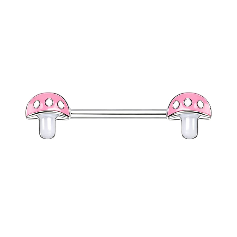 Front view of a pair of cute pink mushroom nipple barbells with white polka dots on a pure white background.