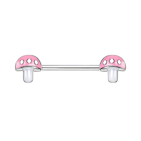 Front view of a pair of cute pink mushroom nipple barbells with white polka dots on a pure white background.