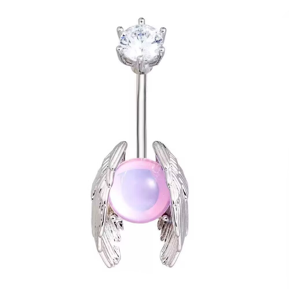 Angel wing belly button ring featuring a soft pink opalite orb and silver wings on white background