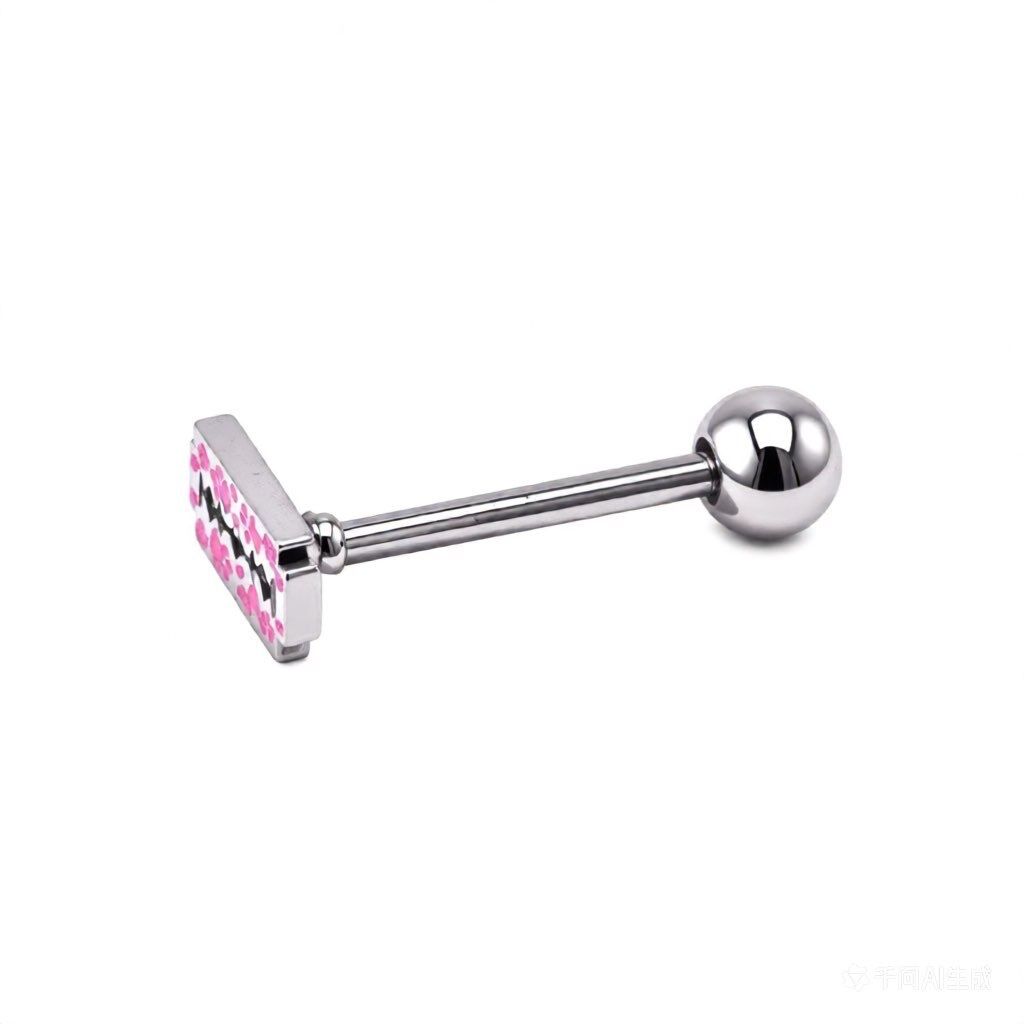 Side view of a razor blade tongue piercing barbell with pink paw pattern on white background