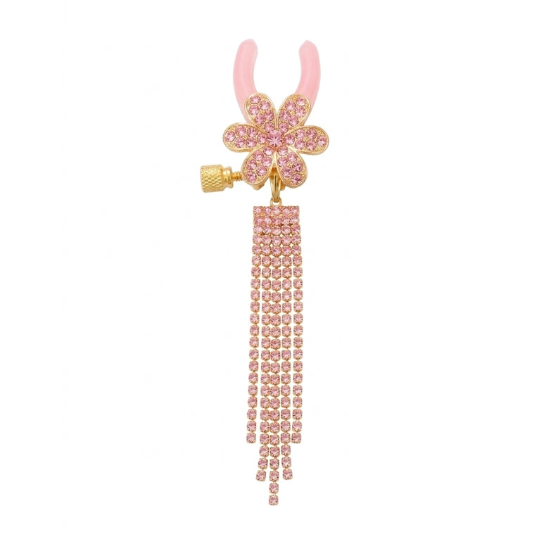 Close-up of a single pink rhinestone flower nipple clamp with an adjustable gold screw and dangling fringe.