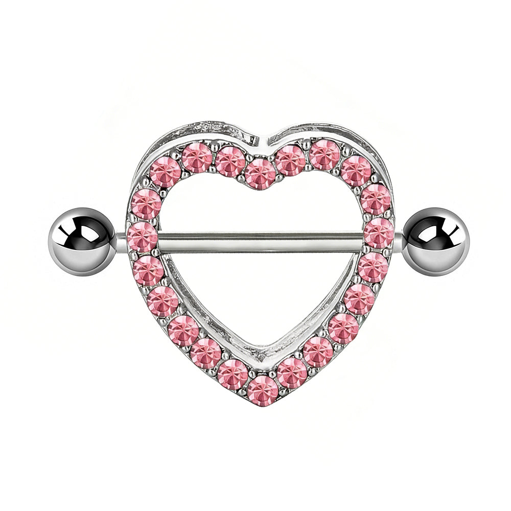 High-quality front view of a pink rhinestone heart-shaped nipple shield with a straight barbell.