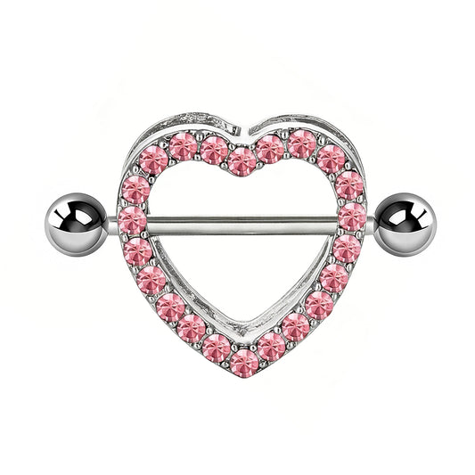 High-quality front view of a pink rhinestone heart-shaped nipple shield with a straight barbell.