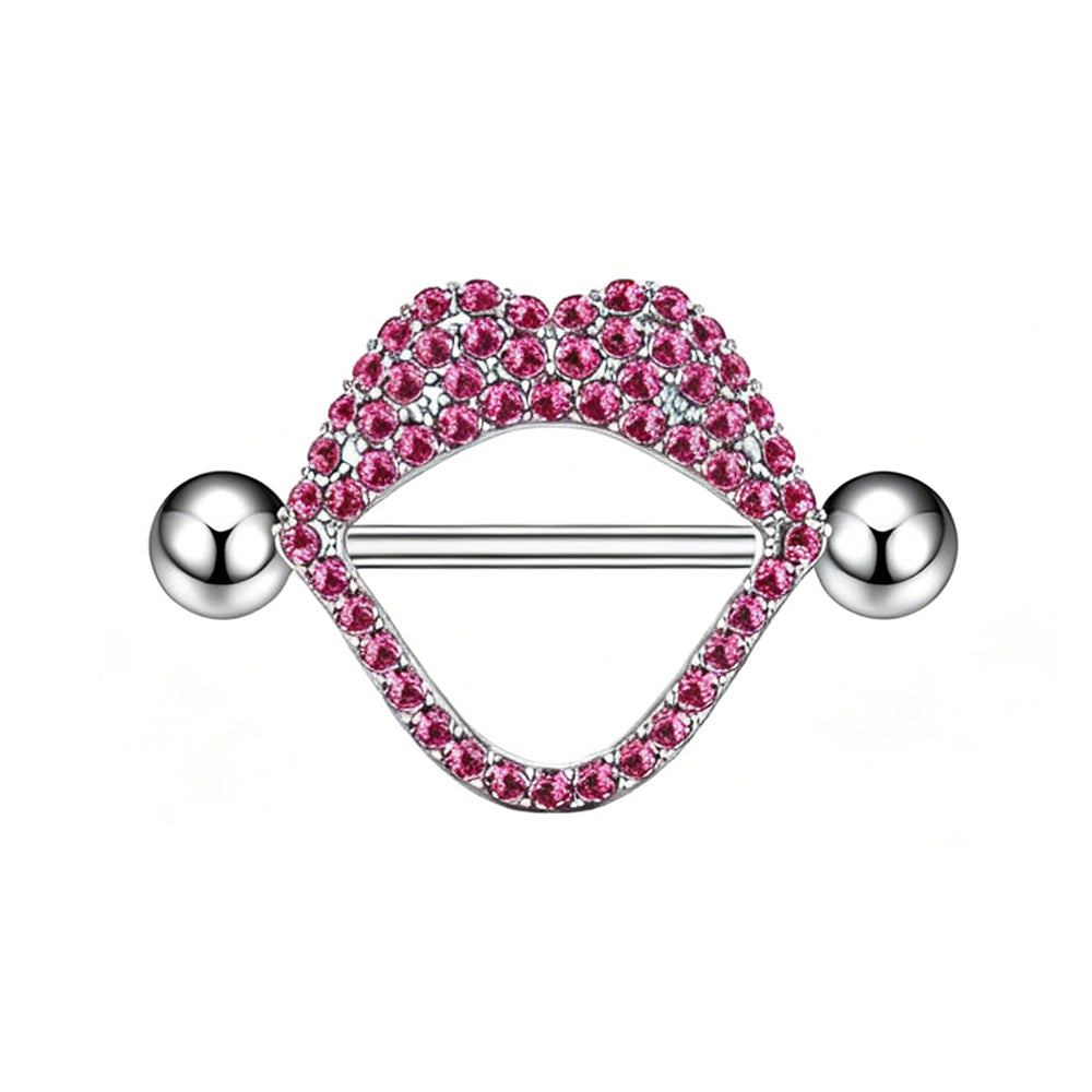 Vibrant pink rhinestone lip nipple shield for body piercing.