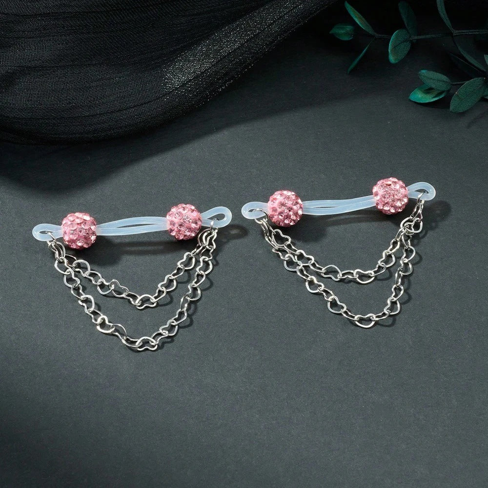 Pair of pink sparkling-ball non-piercing nipple jewelry with silver-tone double heart-link chains