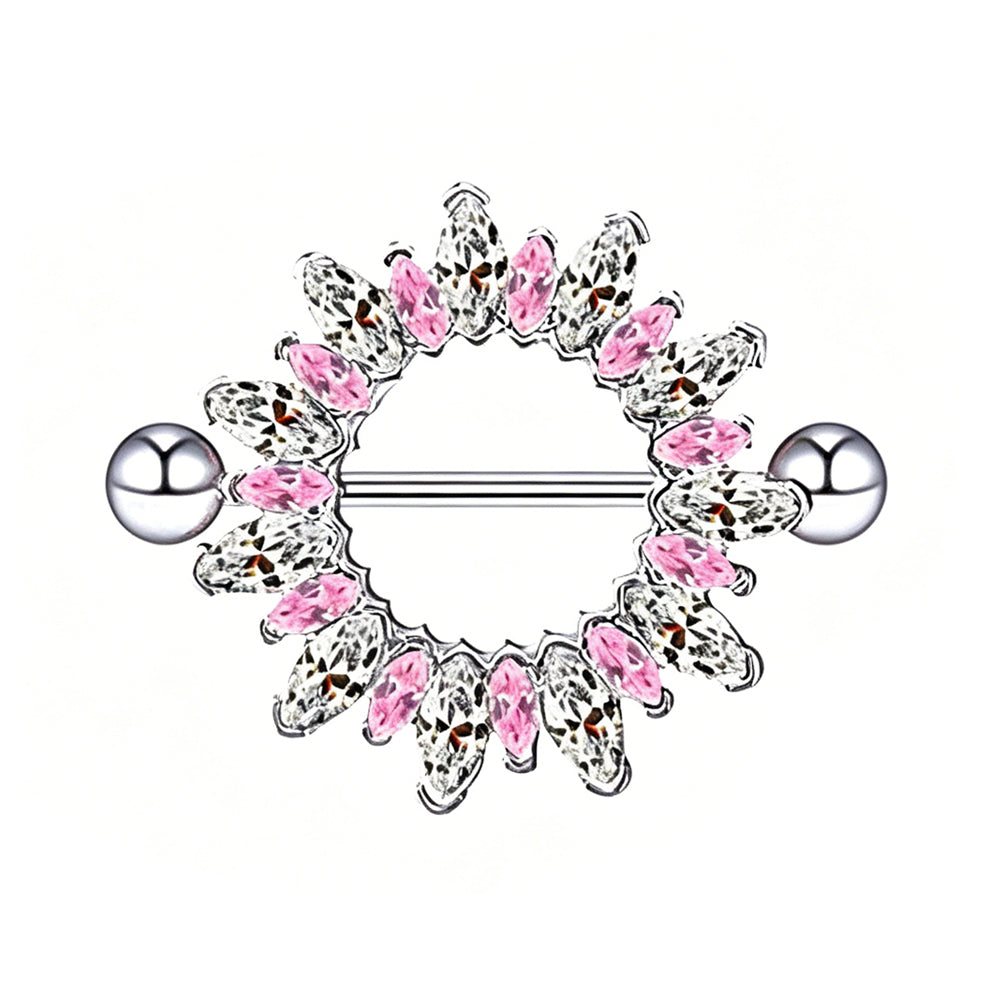 Front view of a circular nipple shield piercing featuring alternating pink and clear marquise-cut crystals forming a sunflower halo on a pure white background.