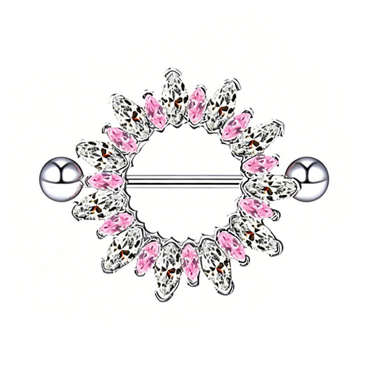 Front view of a circular nipple shield piercing featuring alternating pink and clear marquise-cut crystals forming a sunflower halo on a pure white background.