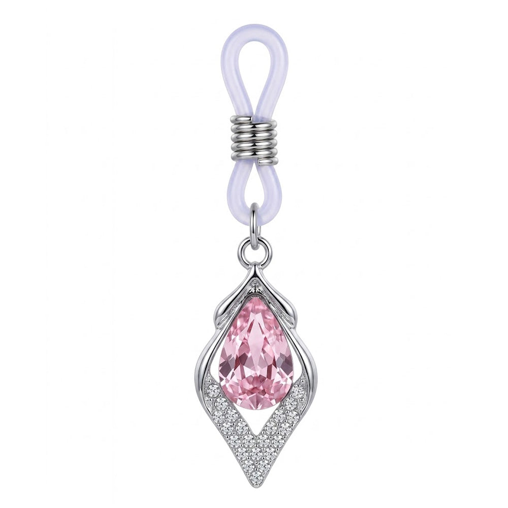 A single non-piercing nipple ring featuring a pear-shaped pink crystal dangle with an adjustable silicone loop on a white background.