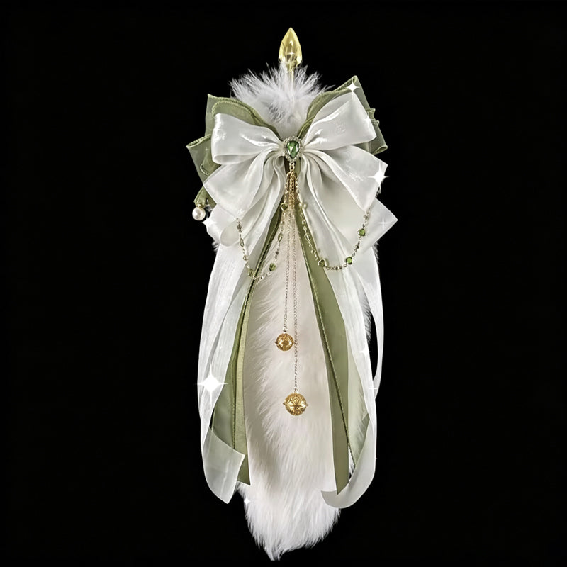 White faux fur plush tail plug accessory featuring olive green satin bow and gold bells