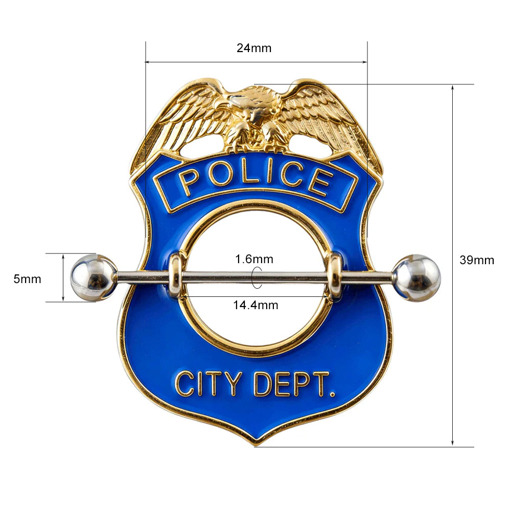A blue and gold police badge nipple shield featuring a 14G straight barbell with 5mm balls, designed for alternative fashion and roleplay body jewelry.
