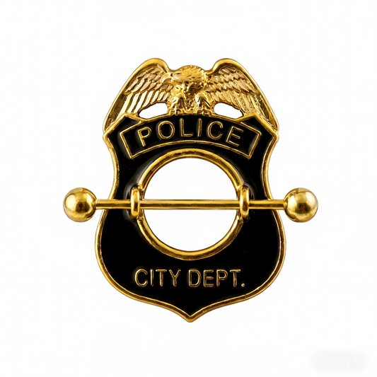 High-definition shot of a black enamel badge nipple shield body piercing jewelry.
