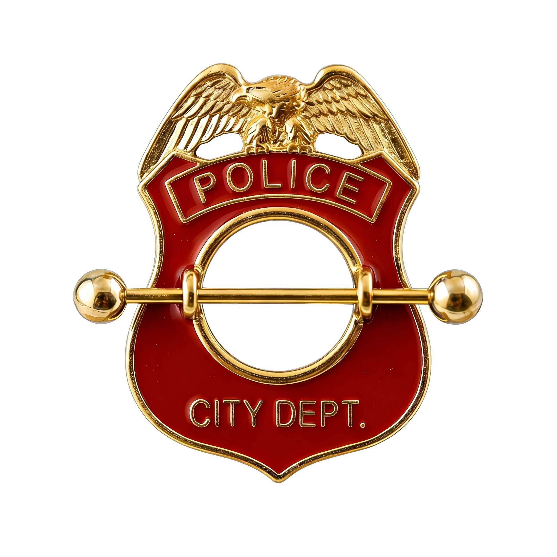 Detailed view of a red enamel novelty police badge nipple ring jewelry with a gold-tone finish.