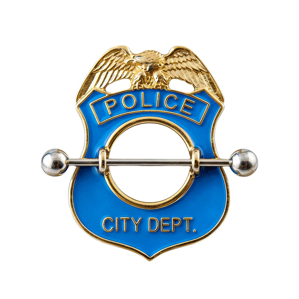 A pair of SirenBody blue enamel police badge nipple shield rings featuring a golden eagle top and 14G titanium straight barbell on a pure white background.