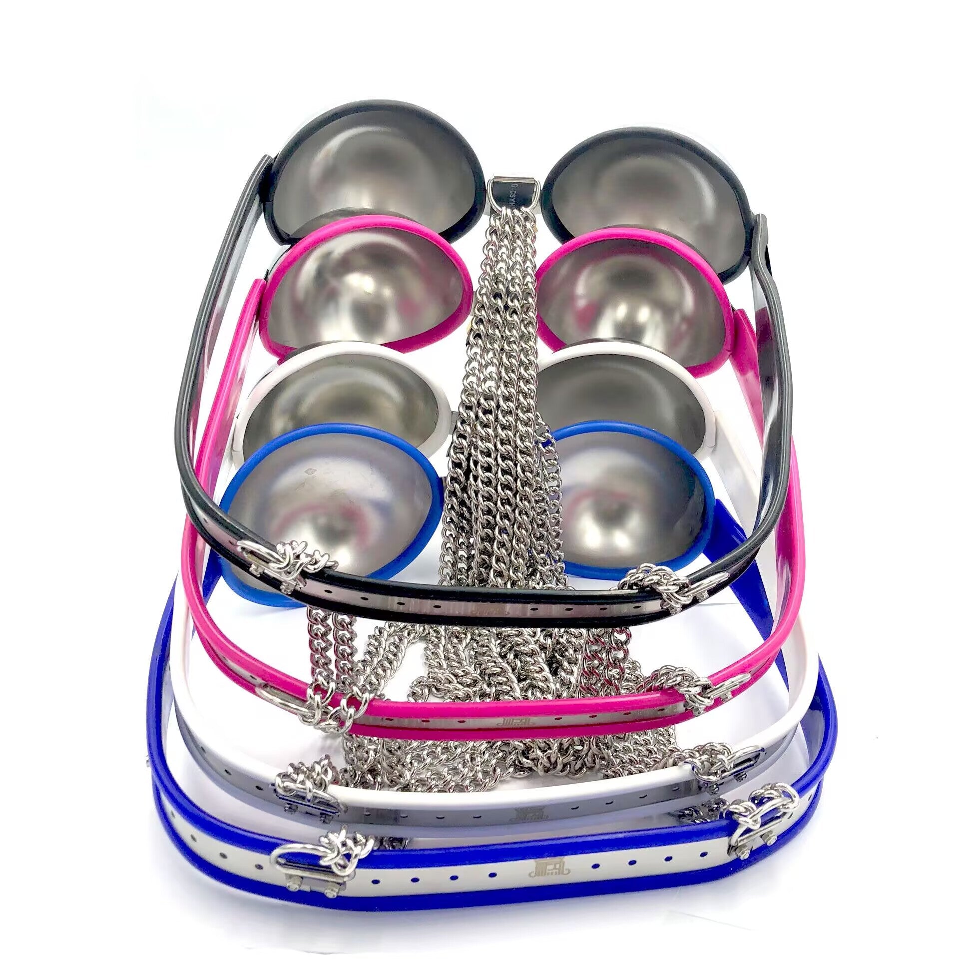 Overhead view of four premium lockable alternative metal bras arranged with their chains neatly lined down the center on white background.