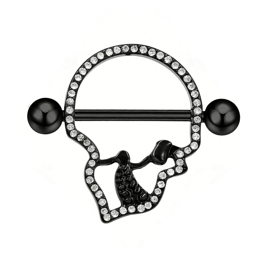 Professional studio shot of a punk aesthetic skull nipple barbell on a clean white background.