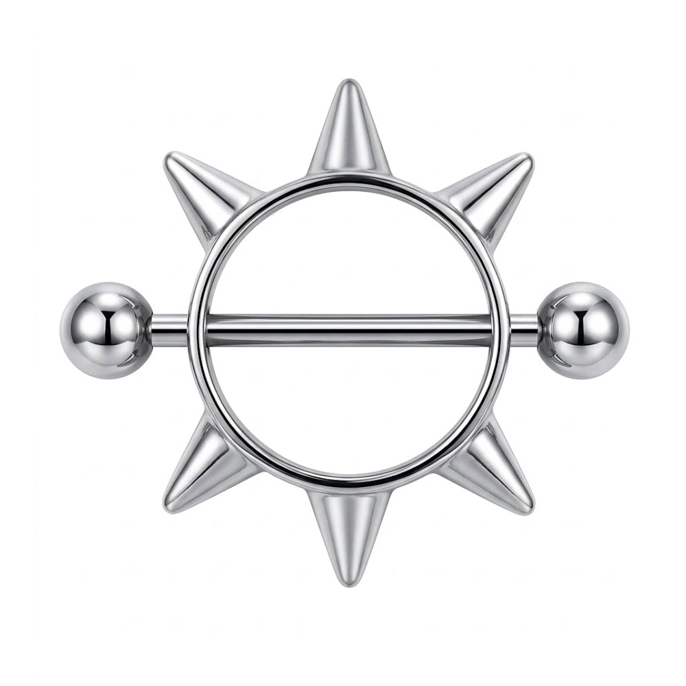 Front view of a silver spiked nipple shield on white background.