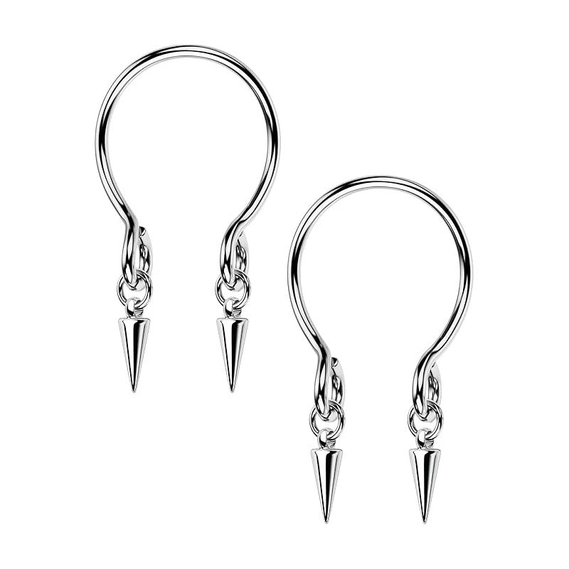 A pair of silver U-shaped nipple rings featuring two hanging metallic spikes in a punk industrial style.