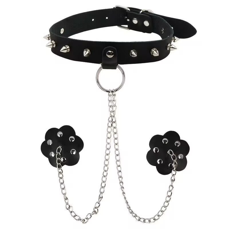 Front view of a black punk gothic collar featuring silver spikes, an O-ring, and symmetric chains descending to flower-shaped chest attachments on a white background.