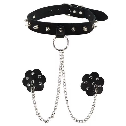 Front view of a black punk gothic collar featuring silver spikes, an O-ring, and symmetric chains descending to flower-shaped chest attachments on a white background.