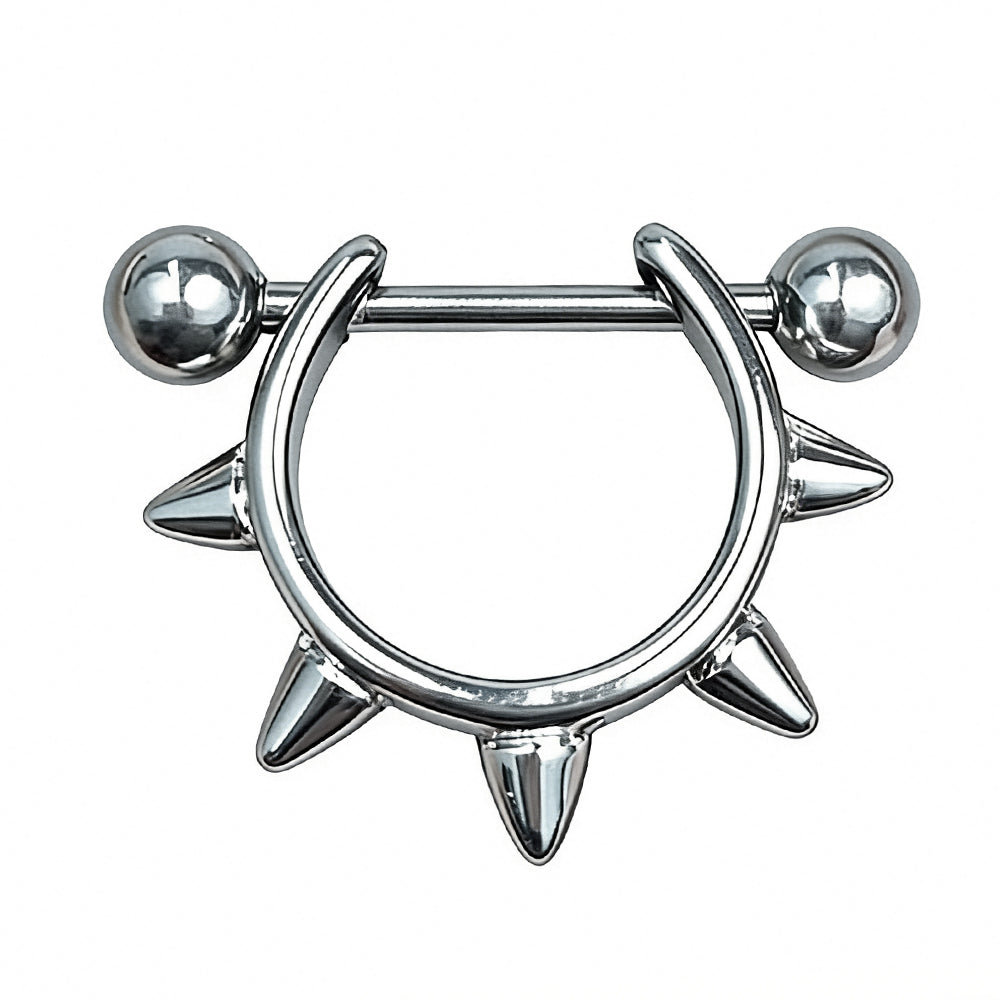Single silver-toned punk nipple shield with five sharp spikes and barbell.