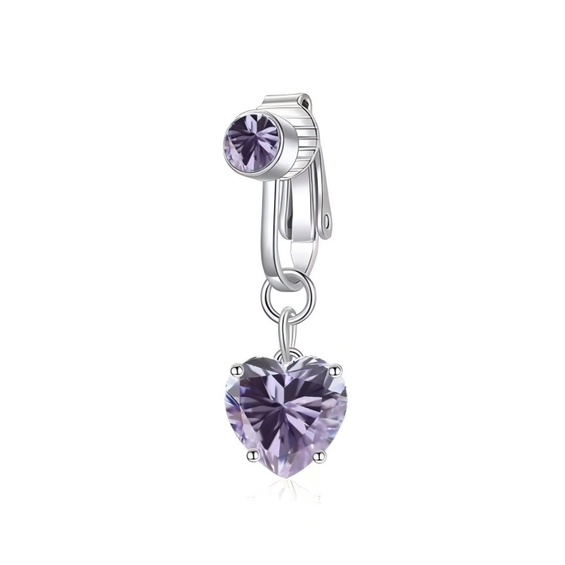 Silver non-piercing belly button ring featuring an amethyst purple heart CZ gemstone.