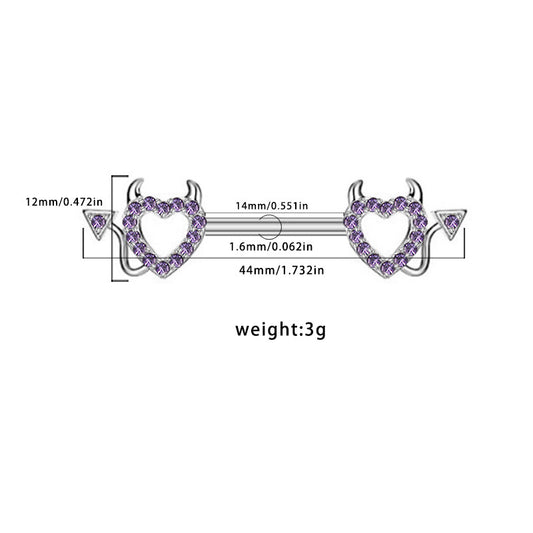 Detailed size chart for purple devil heart nipple barbell showing 14mm bar length and 1.6mm thickness.