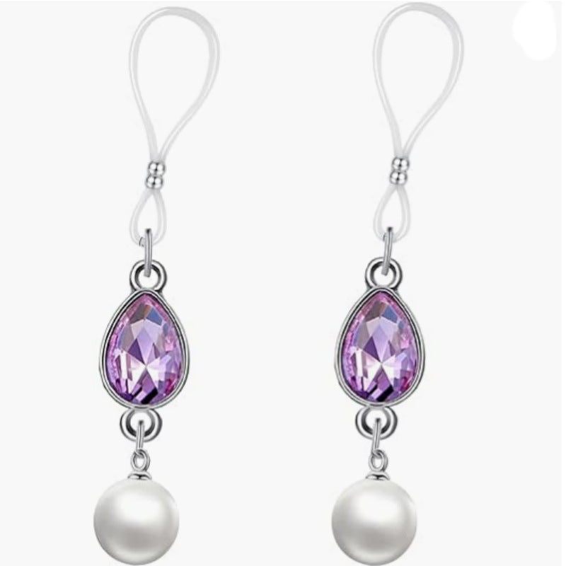 Matching pair of purple faceted teardrop nipple jewelry with loop attachments, silver-tone settings and white pearl-look drops