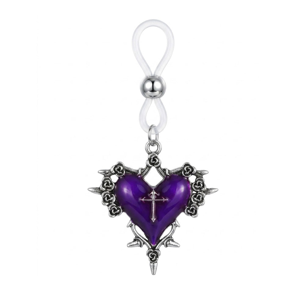 Single purple heart nipple clamp with cross and rose details on a white background