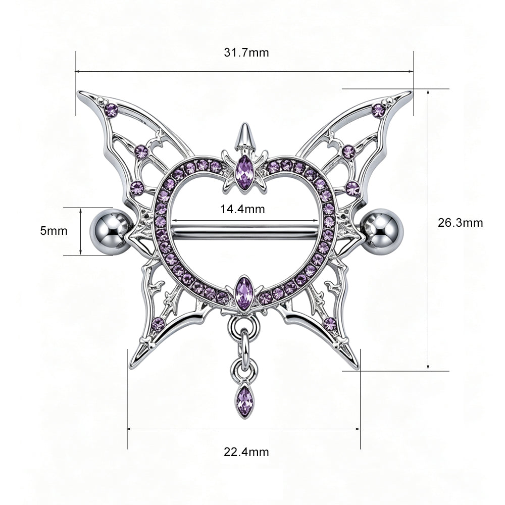 Size chart for gothic purple butterfly nipple shield showing 14.4mm inner fit width and 31.7mm shield width