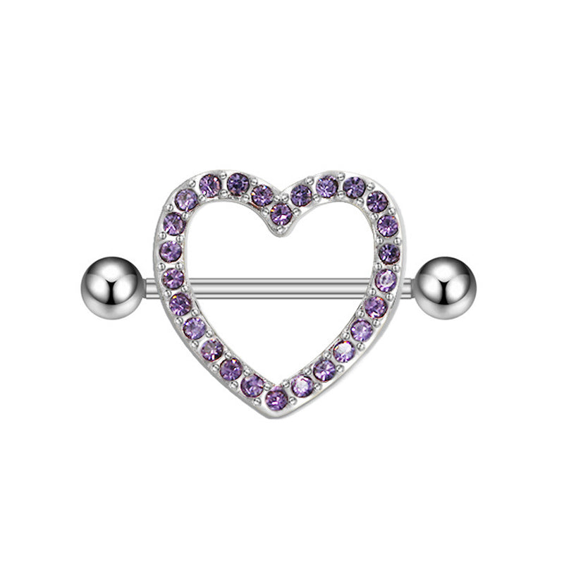 Front view of a silver heart-shaped nipple shield set with purple gemstones on a straight barbell.
