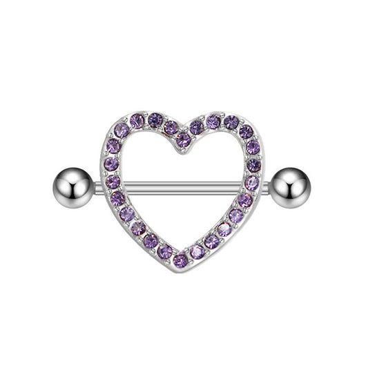 Front view of a silver heart-shaped nipple shield set with purple gemstones on a straight barbell.