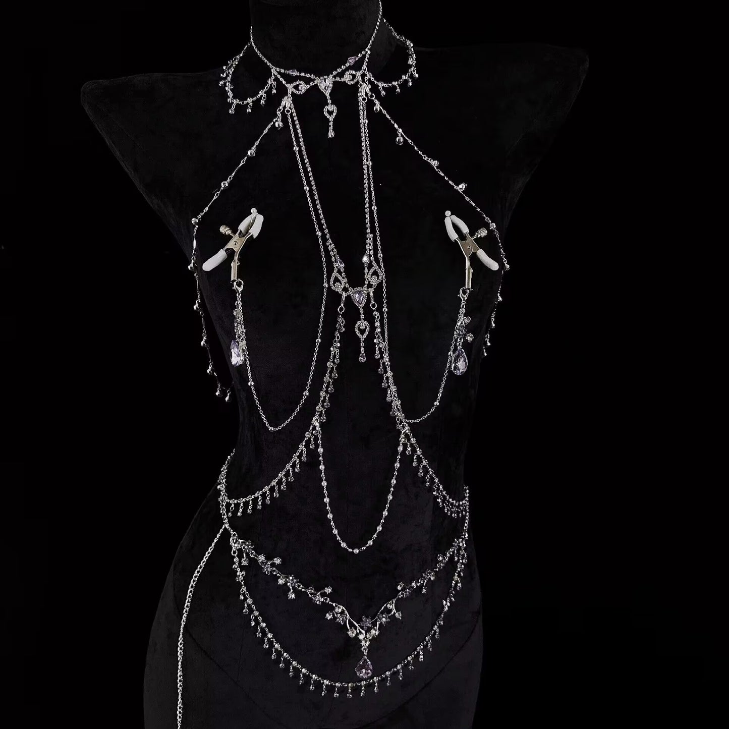 Amethyst Crystal Goth Body Chain Set - Detachable Nipple Clamps & Piercing Jewelry Lingerie Accents