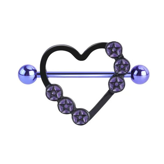 Purple star heart nipple shield jewelry with black frame and purple barbell
