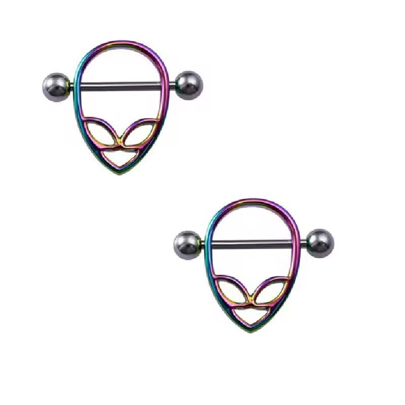 Vibrant rainbow anodized alien head nipple shield piercing for a colorful, psychedelic body art look.
