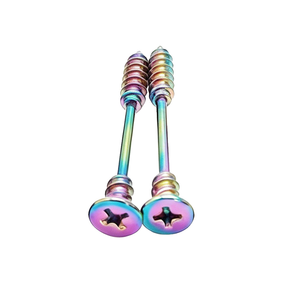 Iridescent rainbow cyberpunk screw nipple jewelry.