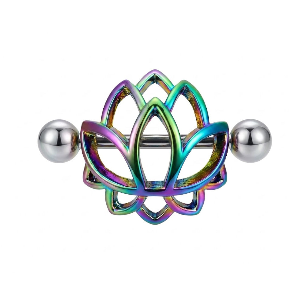Front view of a rainbow iridescent lotus flower nipple shield with a straight barbell and metal balls on a white background.
