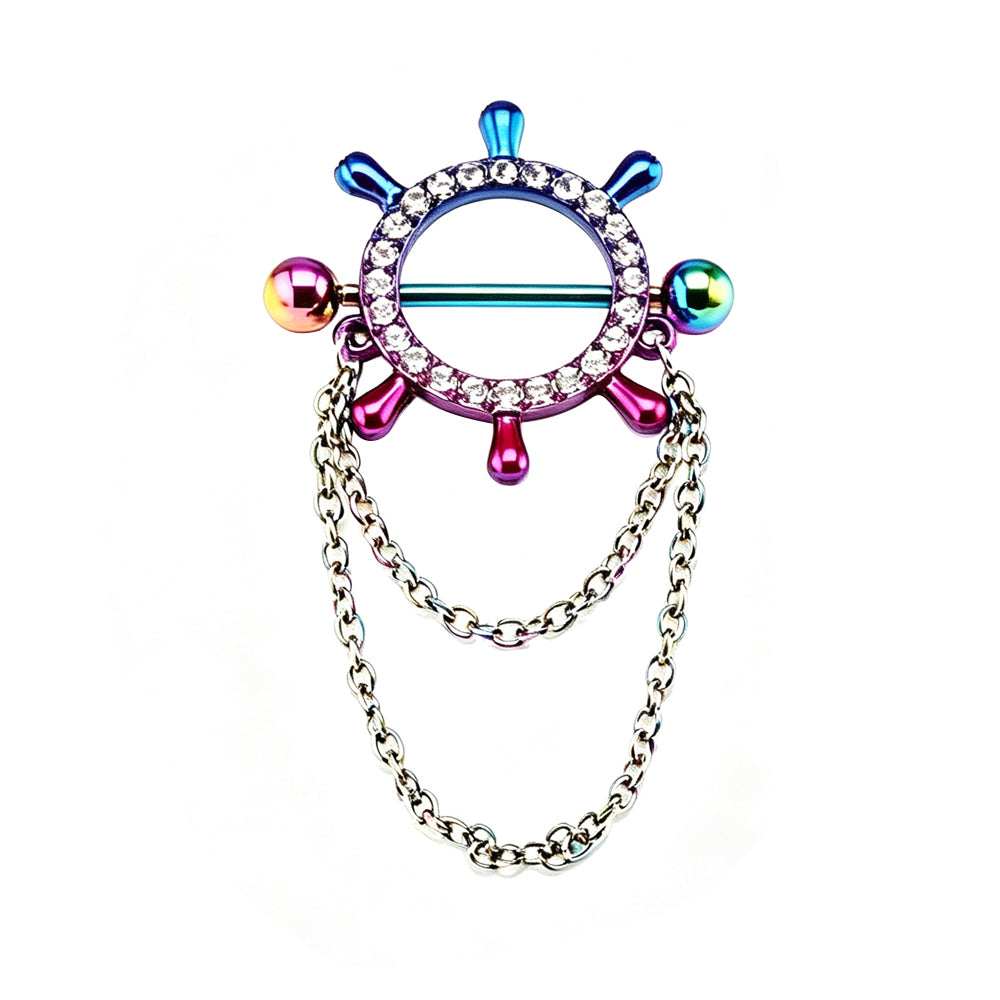 14G Rainbow Nautical Ship Wheel Nipple Shield Piercing with Double Dangle Chains - Set of 2