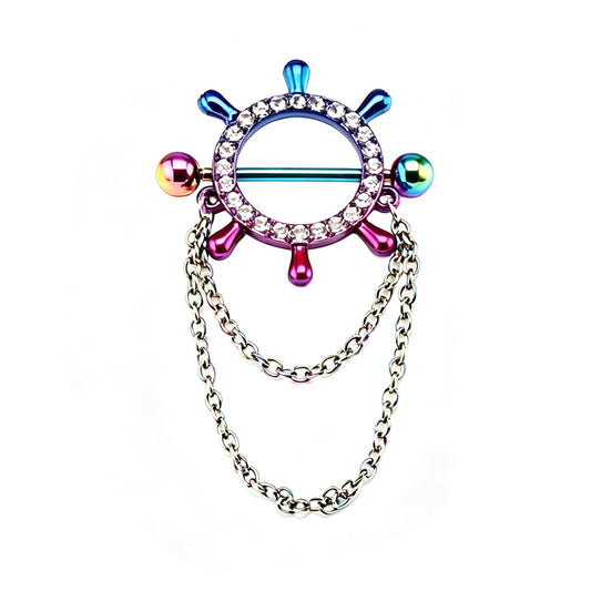 14G Rainbow Nautical Ship Wheel Nipple Shield Piercing with Double Dangle Chains - Set of 2