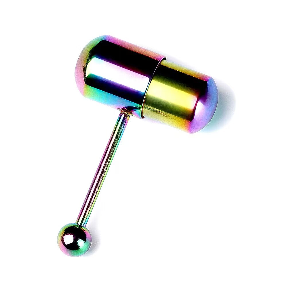 Single rainbow vibrating tongue ring barbell featuring smooth capsule top and 14G bar.