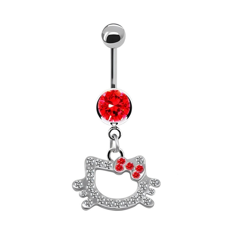 Single silver-tone red cubic zirconia cat-and-bow belly button ring on a white background