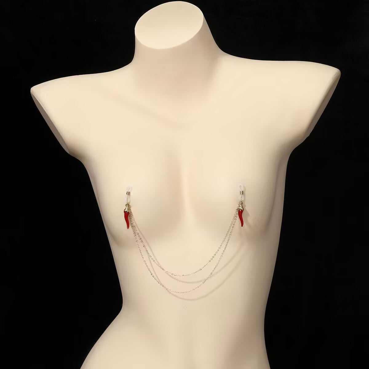 Red chilli pepper fake nipple ring chain with double layered body chain worn on a mannequin