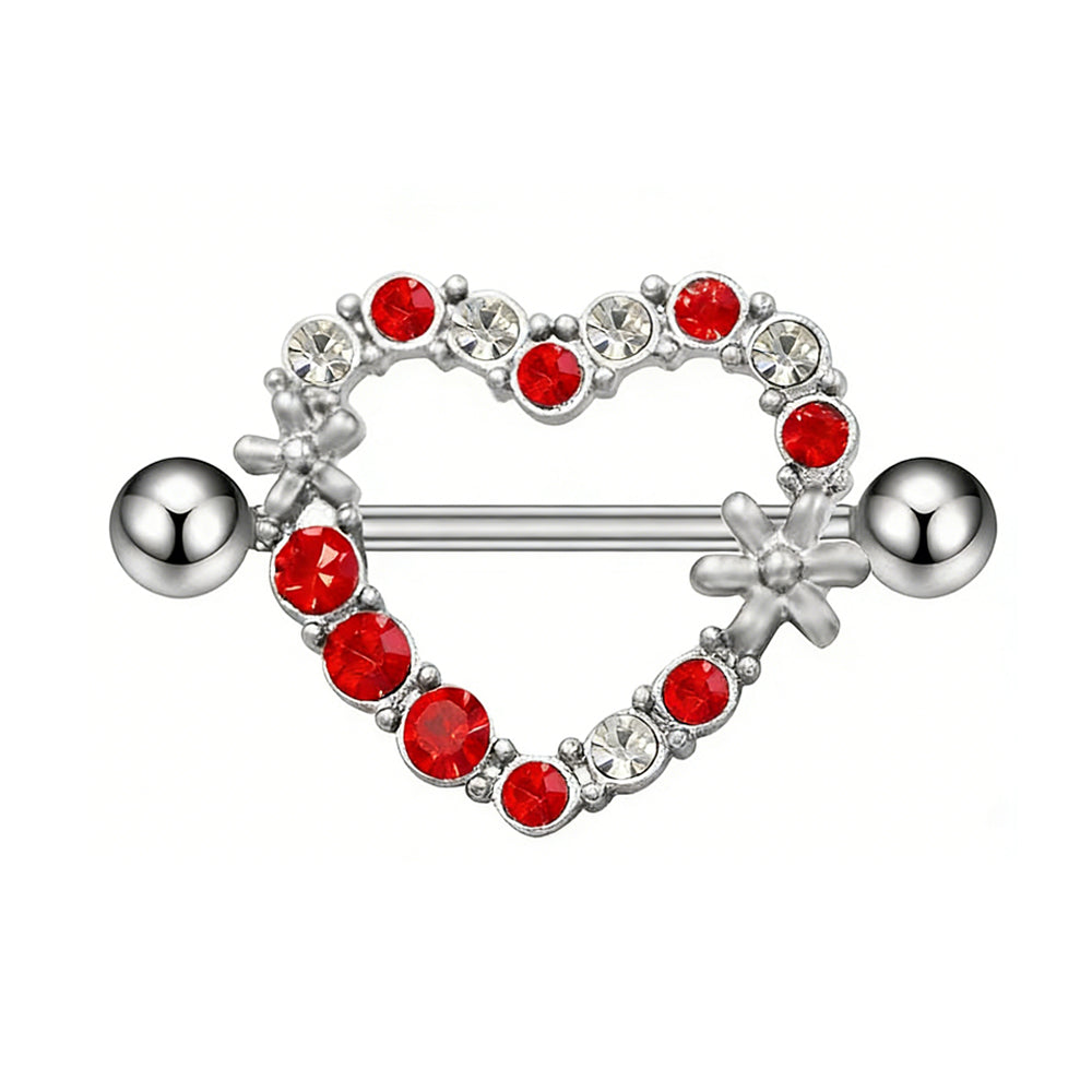 Front view of a heart-shaped nipple shield with red and white crystals.