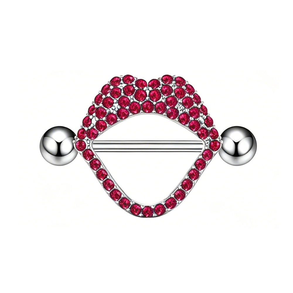 Front view of a red crystal paved lip nipple shield.