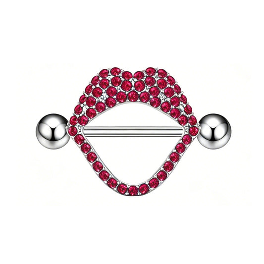 Front view of a red crystal paved lip nipple shield.