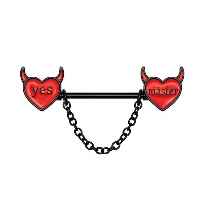 Single nipple barbell with a red devil heart design and decorative black chain isolated on a white background.