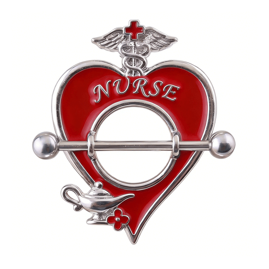 Close-up of a silver and red enamel heart nipple shield featuring a caduceus top and 'NURSE' text.